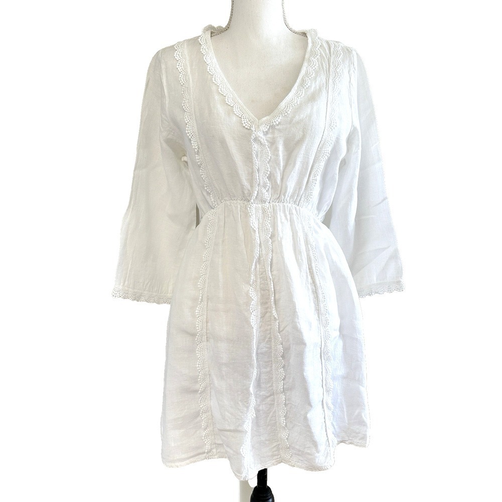 Valentina Naldi sz L White 100% Linen Crochet Trim V-Neck Mini Dress Italy Made